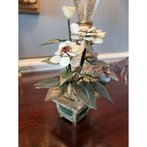 Vintage Jade & Agate Flowering Bonsai Tree Chinese Hand Carved 8"